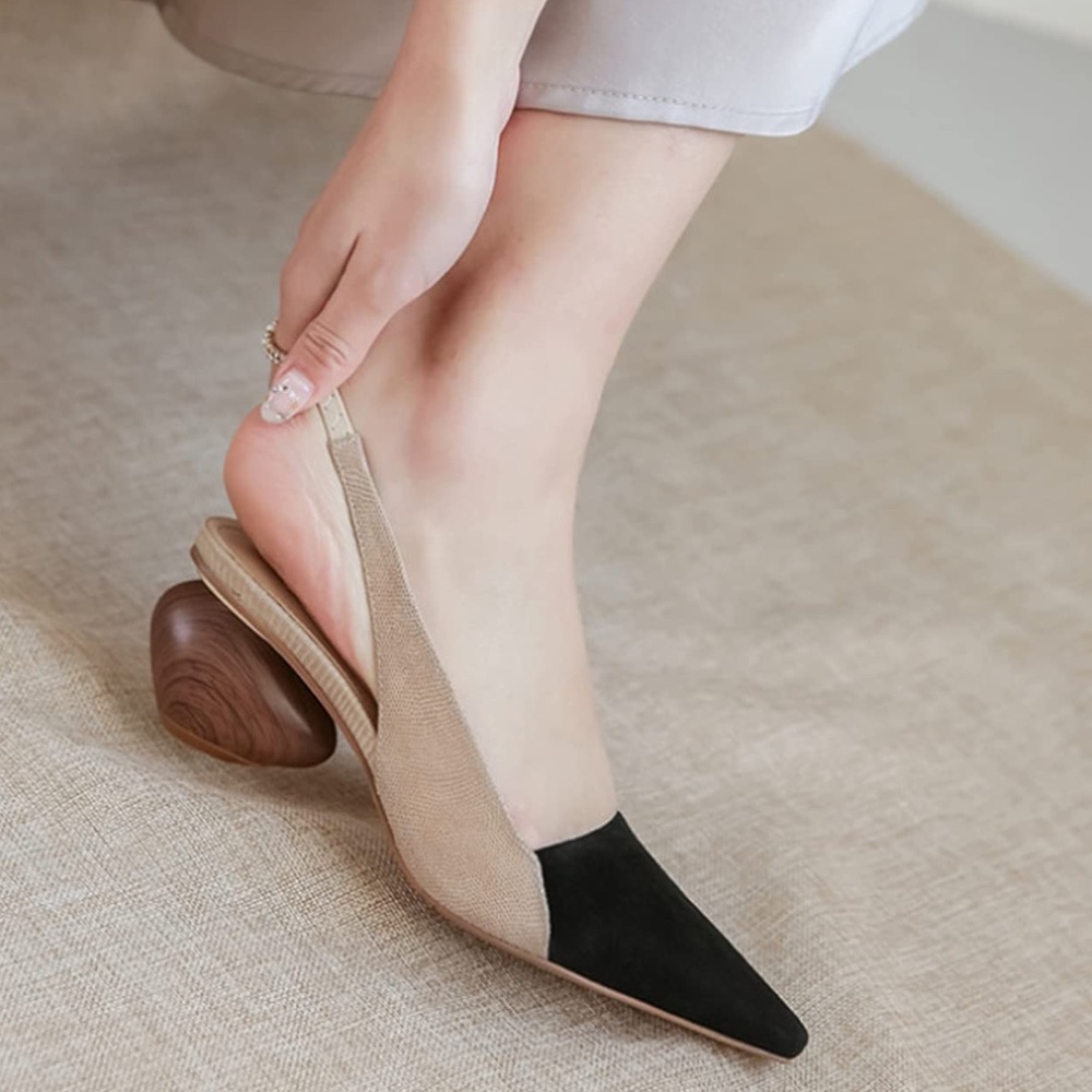 AFTERMODA BLACK POINTED TOE WOODEN HEEL SLINGBACK SIZE 8.5